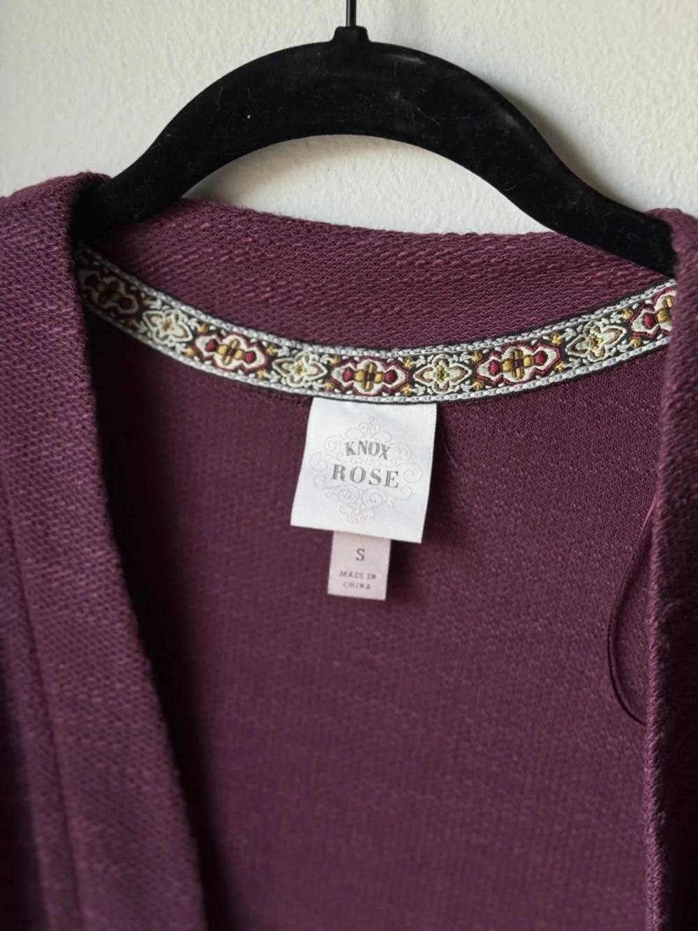 Knox Rose Plum Open-Front Knit Cardigan with Lace